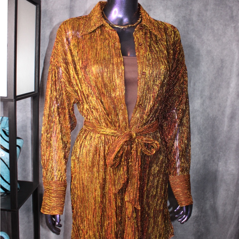 Burnt Orange and Gold Metallic Long-Sleeve Dress